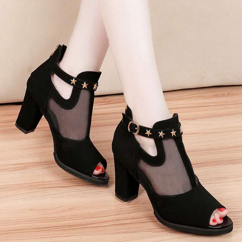 Mesh Strap Metal - Mesh Peep Toe Block High Heels